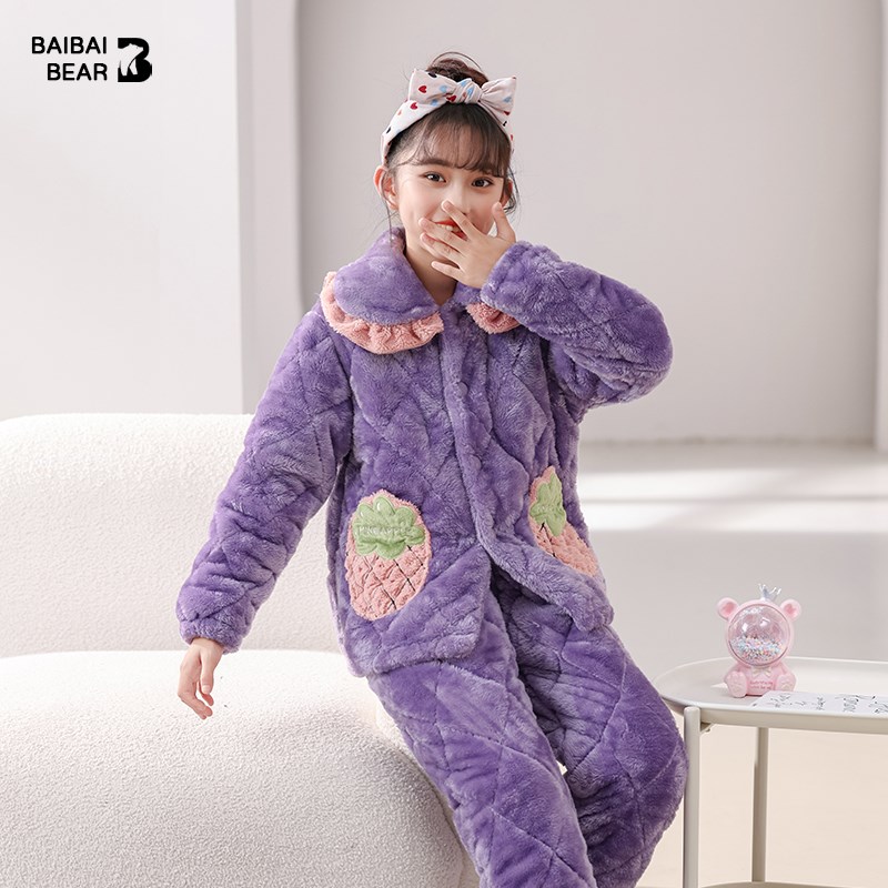 摆摆熊女童睡衣冬季法兰绒三层夹棉加厚女孩儿童冬款珊瑚绒家居服