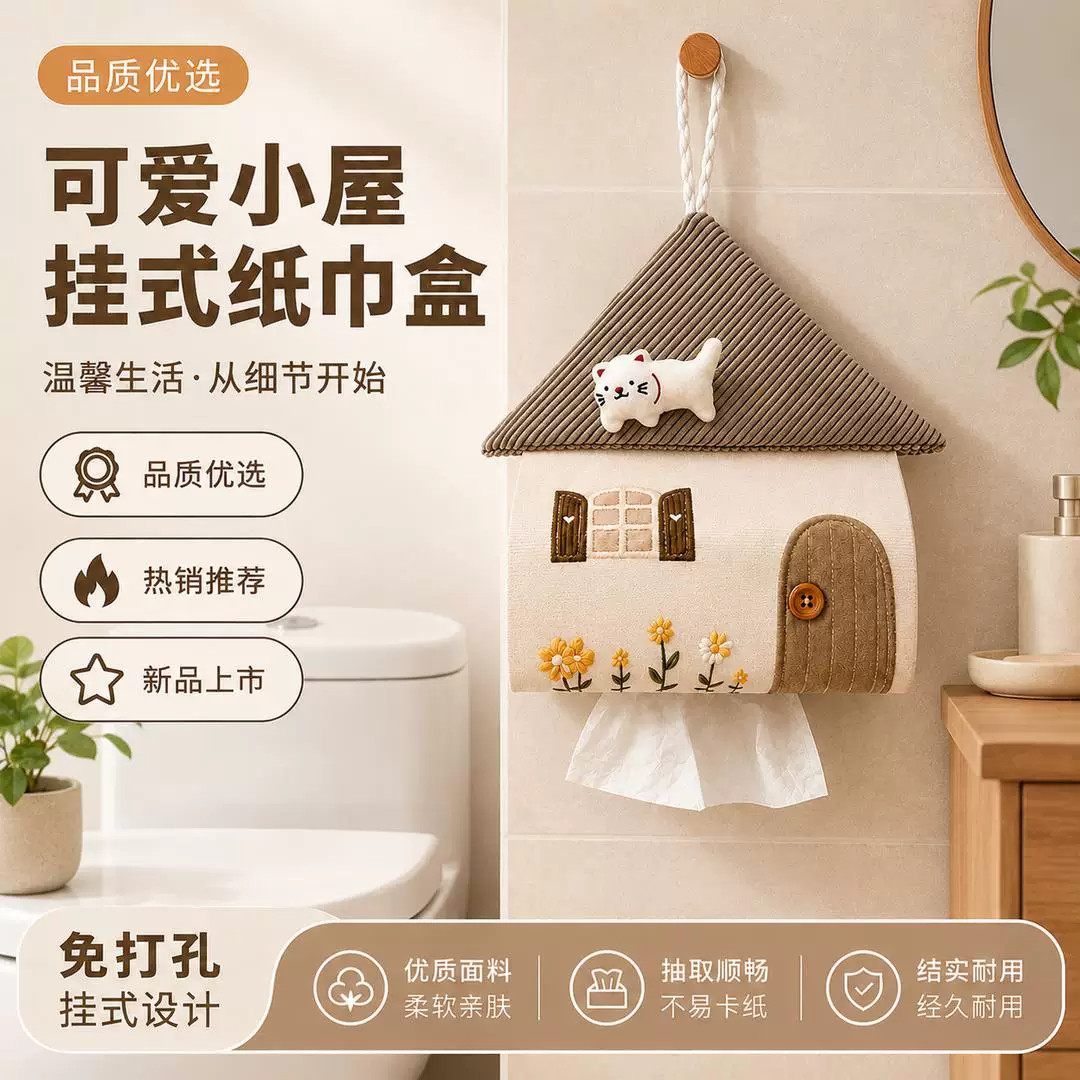 浴室壁挂可爱小房子纸巾收纳袋