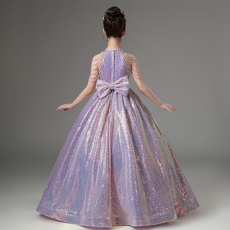 儿童礼服紫色亮片生日公主裙高端女童小主持人钢琴演出服简约大气