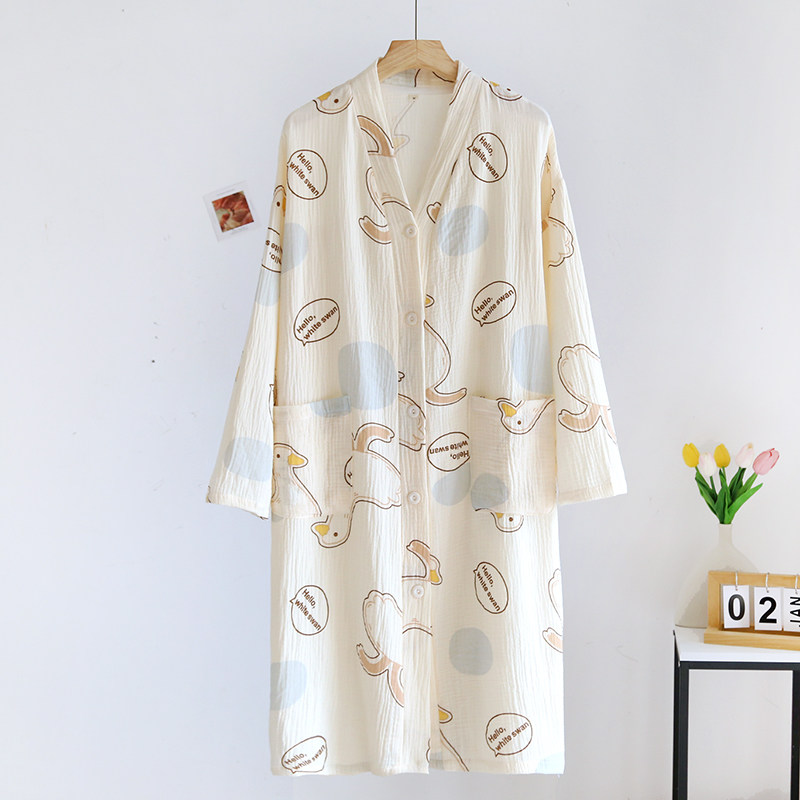 睡裙女长袖纯棉春秋薄款甜美可爱卡通全棉棉纱双层睡袍睡衣家居服