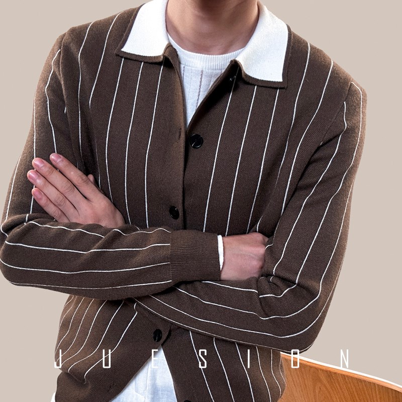JUESION 条纹衬衣领针织开衫男秋冬款长袖羊毛外套秋季高级感毛衣