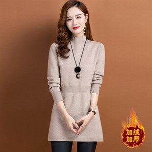 秋冬女中长款羊毛针织一体绒毛衣裙洋气束腰加绒厚显瘦打底衫上衣