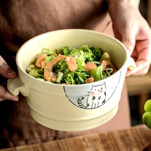 可爱双耳碗个人专用泡面碗陶瓷汤碗吃面大碗漂亮汤面碗水果沙拉碗