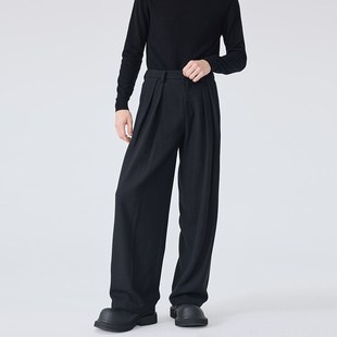 秋冬休闲长裤男士宽松直筒西裤灰色轻奢羊毛呢子阔腿西装裤子男潮