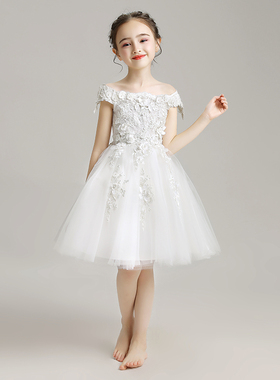 女童一字肩公主裙蓬蓬纱儿童晚礼服婚纱结婚礼裙小花童裙子白色冬