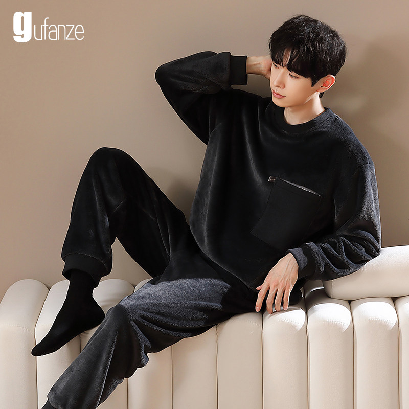 男士睡衣冬季珊瑚绒加厚加绒秋冬款套头法兰绒男款家居服2022新款
