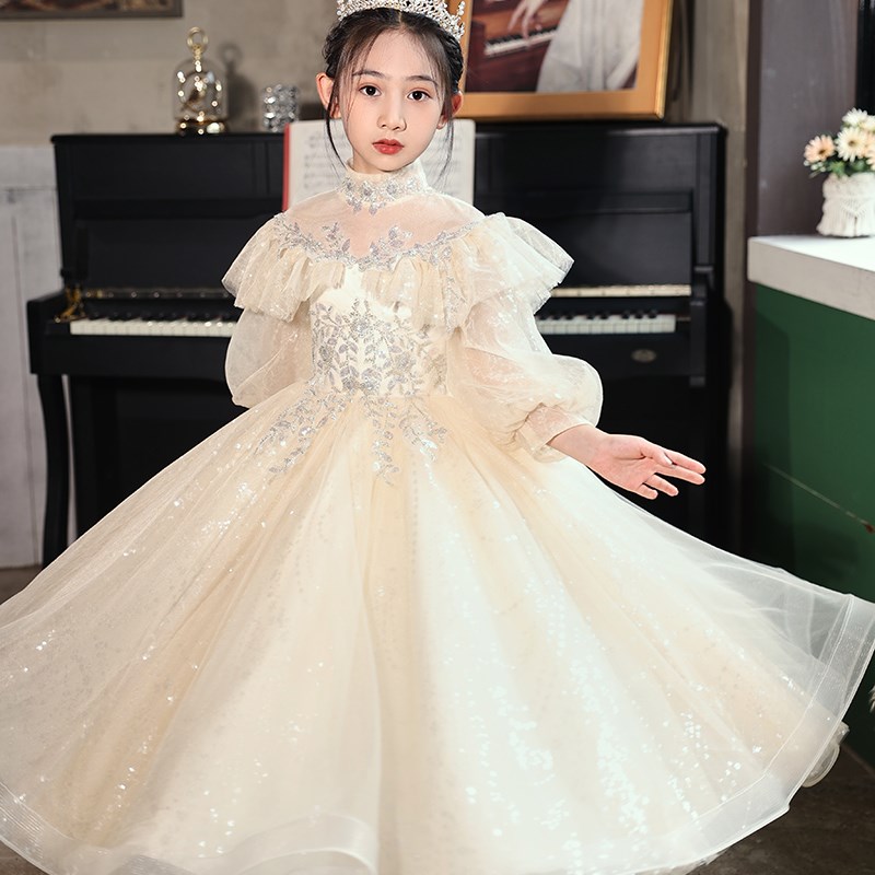女童高端礼服轻奢公主裙香槟色生日长袖小花童婚礼儿童钢琴演出服