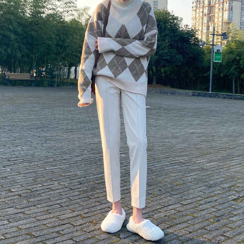 毛呢西装裤子女秋冬加厚灰色休闲直筒裤女直筒显瘦九分哈伦烟管裤