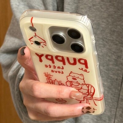 先吉奶白底红线条餐桌咖啡小狗苹果17promax手机壳iphone16151413网红