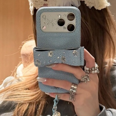 甜美摩登牛仔闪钻蝴蝶结适用iPhone176pro苹果15MAX手机壳14pro新款韩系不撞13高级女生14全包ProMax防摔套壳