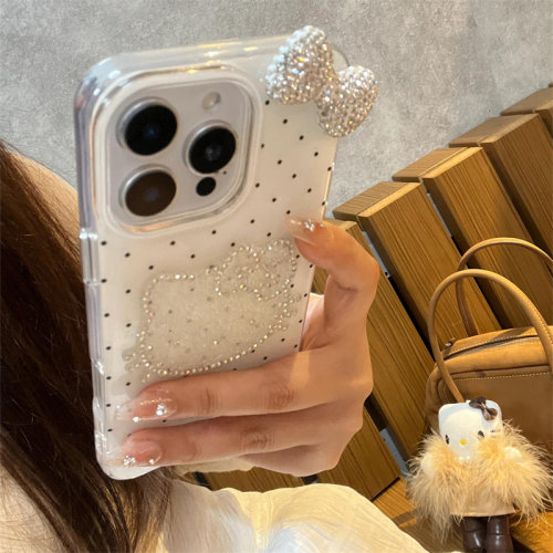 波点闪钻猫咪蝴蝶结波点闪钻猫咪适用iPhone16promax手机壳新款苹果15pro创意14pro个性13p小众16p防摔保护套