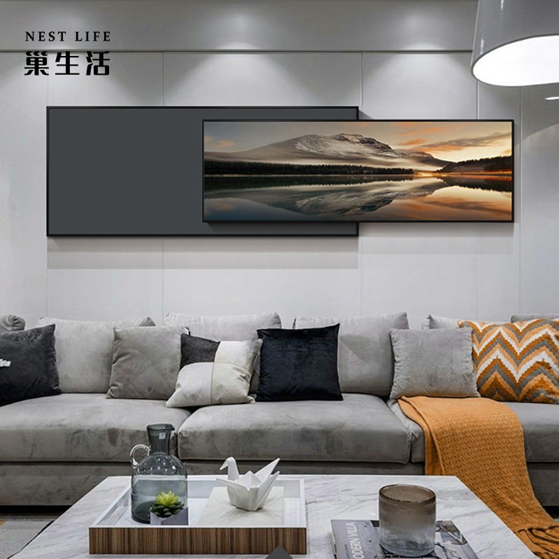 现代简约客厅沙发背景墙湖光山色叠加装饰画风景卧室床头晶瓷画