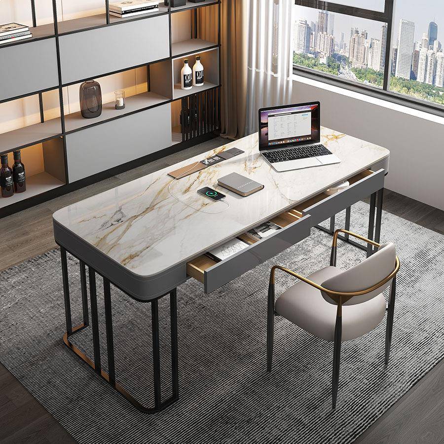 意式简约岩板书桌轻奢现代带抽屉台式电脑桌卧室写字台家用办公桌