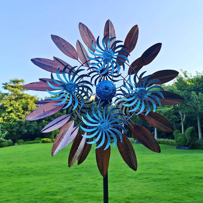 户外摆件铁艺制品北欧风外贸园林造景金属蓝旋轮大风车带太阳能灯