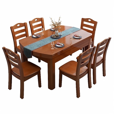 纯全实木餐桌椅组合可伸缩折叠家用小户型方变圆吃饭桌子长方形