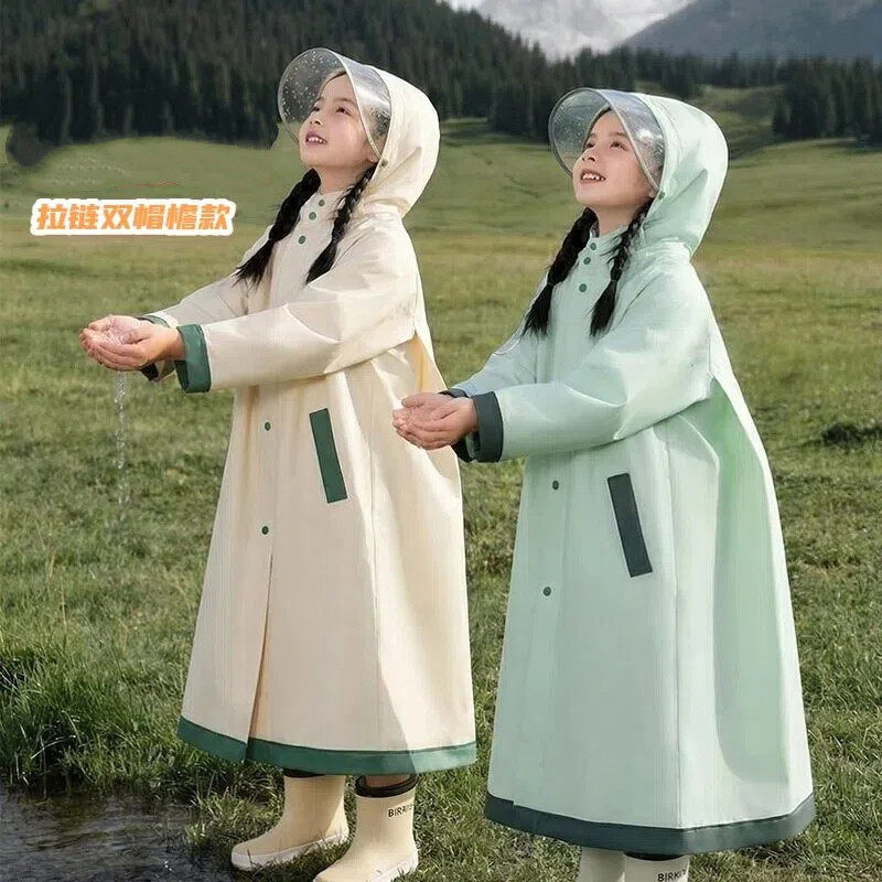 学生儿童环保EVA雨衣雨披 双帽檐加大隐藏书包位带拉链