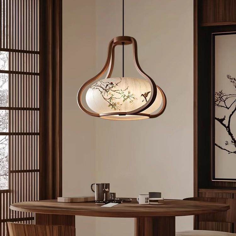 宋式美学家居竹叶实木灯笼布艺吊灯水墨画餐厅灯茶室卡座卧室用灯