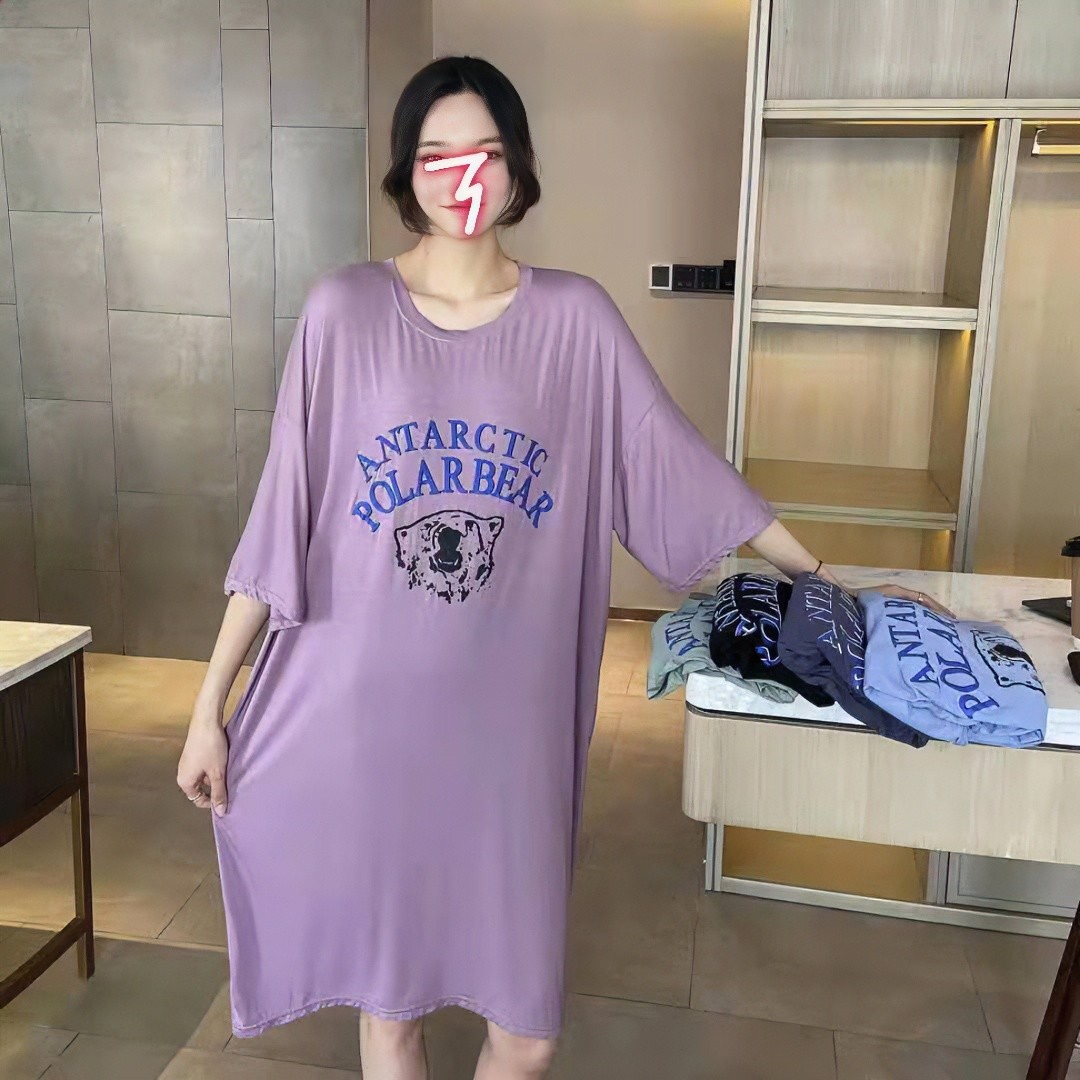女士莫代尔大码睡裙宽松七分袖夏睡裙