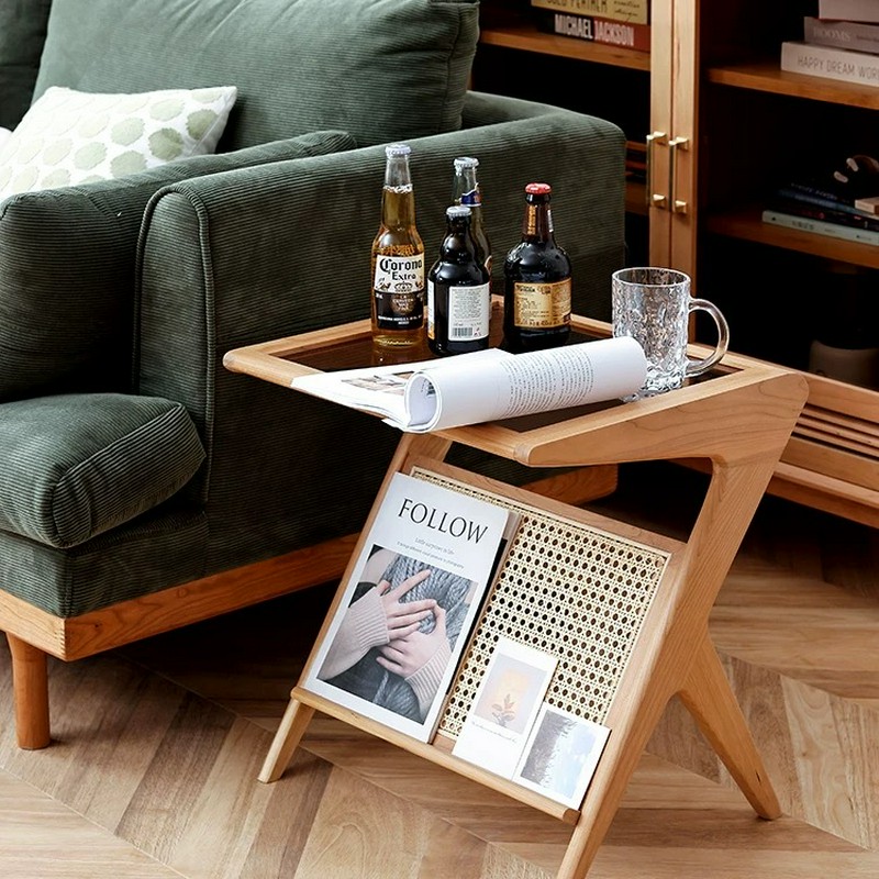 北欧实木茶几家用客厅高级感简约编藤沙发边几玻璃桌面创意小桌子