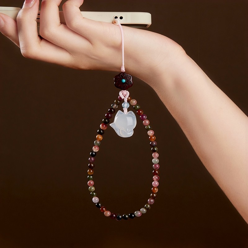 原创天然糖果色碧玺手机链挂手腕绳手机壳挂链手机挂绳链绳链条串
