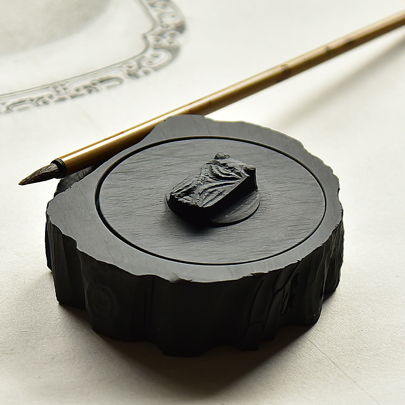 多功能匠心砚台《树桩砚》可搁毛笔 歙砚水波纹天然原石制作