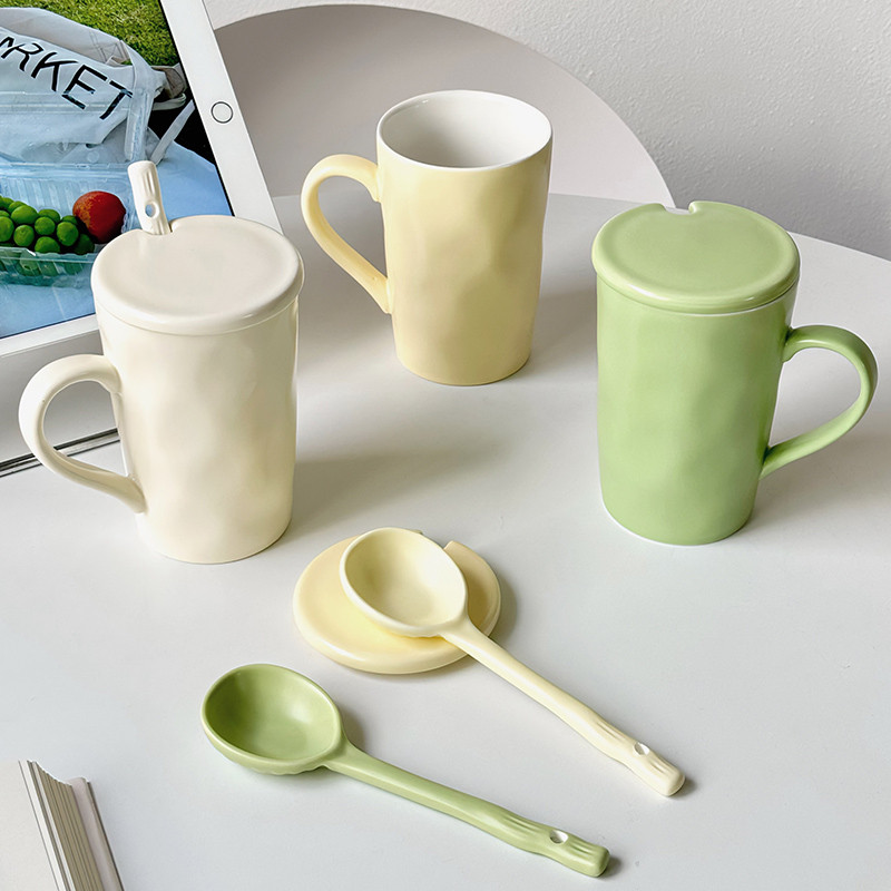 锤纹马克杯ins风高颜值喝水杯子带盖勺男女学生简约办公家用