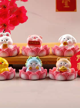 荷气生财小动物微景观摆件树脂工艺品汽车中控台摆件家居装饰礼品