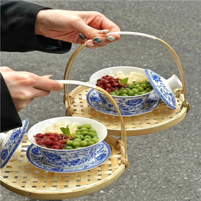 新中式国风青花瓷咖啡杯中式陶瓷盖碗茶杯复古甜杯子青花瓷