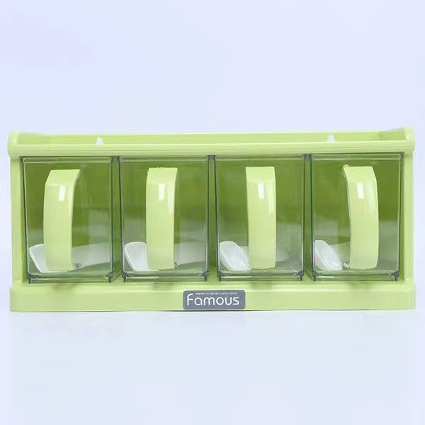 厨房抽屉式4格塑料调味盒套装 带手柄 可拆卸挂墙式调料盒配勺子