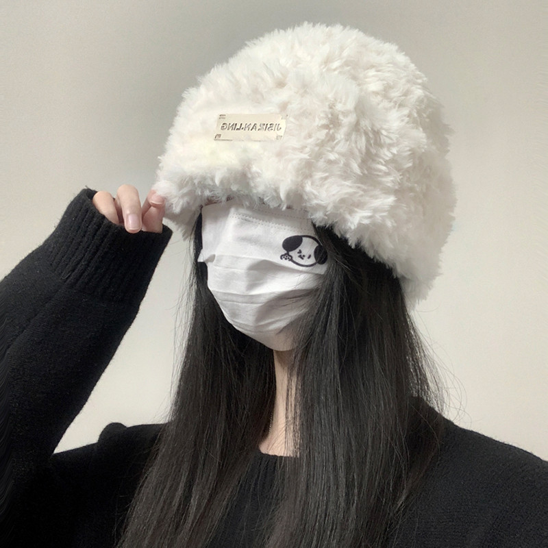 白色毛绒帽子女秋冬季显脸小保暖护耳川西毛茸大头围针织毛线