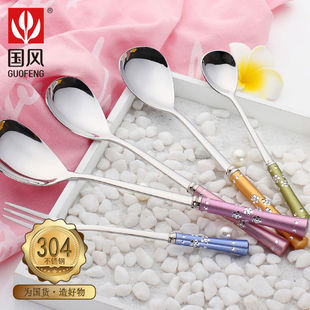 国风304不锈钢勺子可爱儿童创意彩钻匙子家用水果叉调羹冰淇