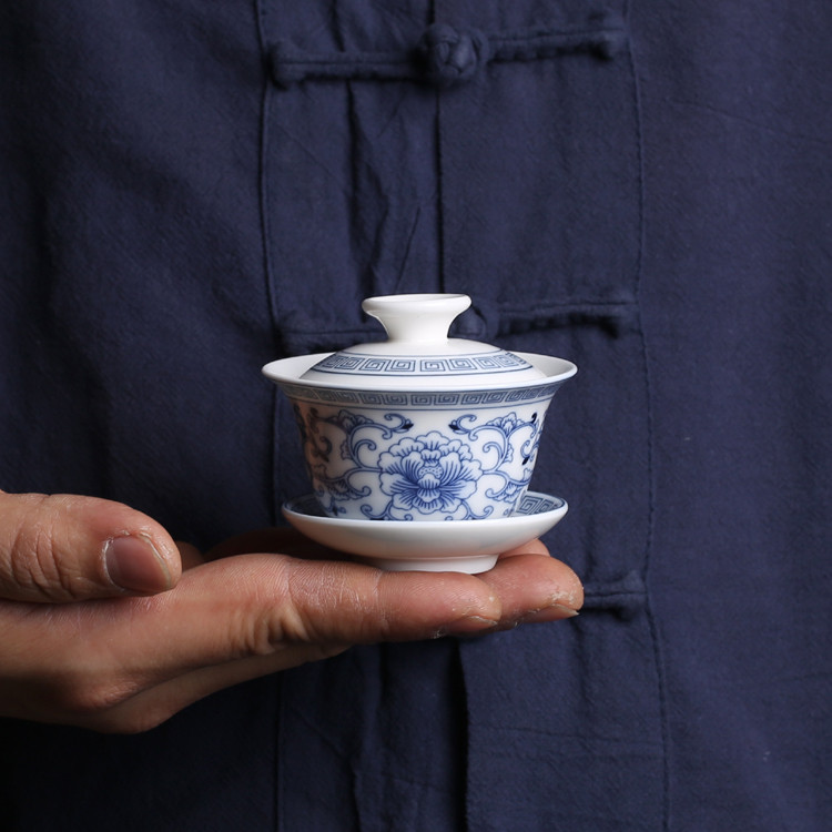 潮汕迷你小盖碗青花高温陶瓷两人旅行茶具茶杯小号三才碗两杯三杯