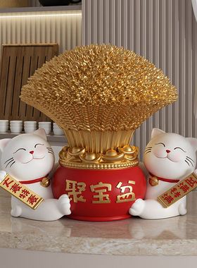 大麦招财猫摆件聚宝盆送朋友店铺开业礼物前台招财聚财装饰工