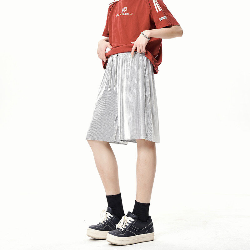 PMKZ男女同款冰丝条速干短裤条纹垂感亲肤柔软薄款五分裤子