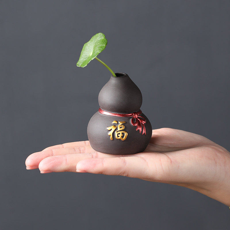 宇轩 指尖小茶宠紫砂紫创意泥彩绘花瓶迷你禅意小号五福花器