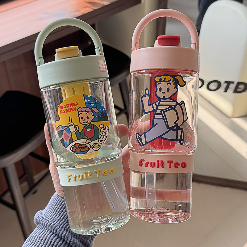夏天便携吸管杯tritan塑料茶花水杯女生高颜值大容量水瓶2025