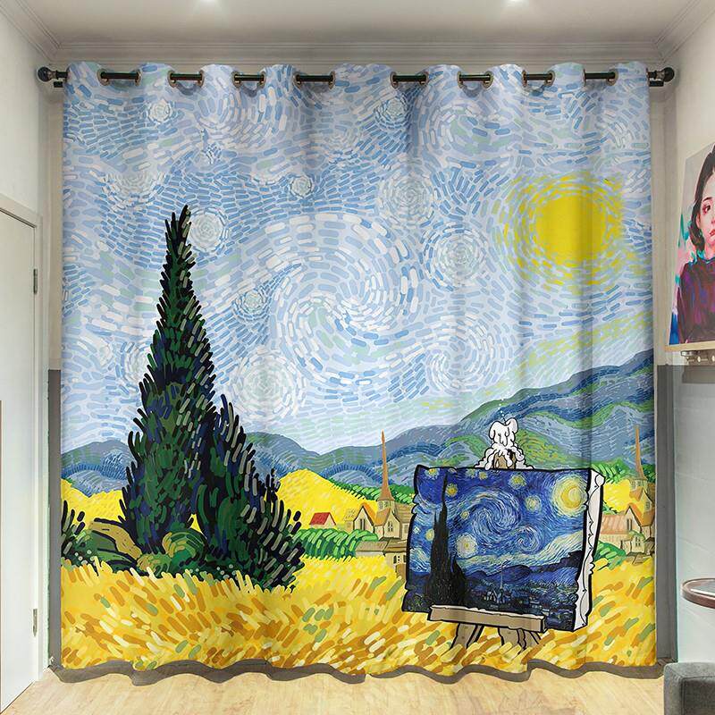 梵高卡通名画挂钩新款窗帘卧室文艺全遮光美术室画廊寝室隔断隔温