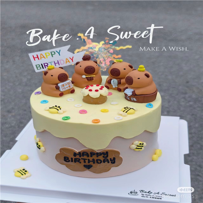 生日蛋糕装饰可爱豚鼠卡皮巴拉摸鱼洗澡豚烘焙摆件插件4款搪胶