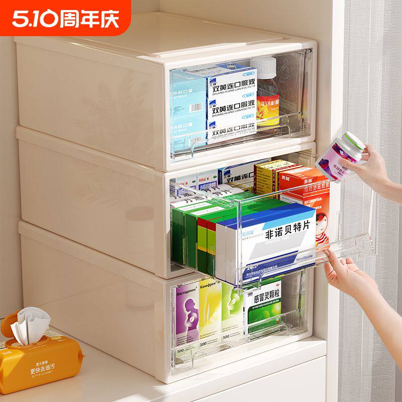 透明药箱药物收纳盒桌面抽屉式药收纳柜大容量家用家庭装医