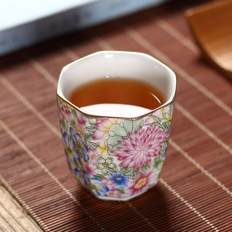 珐琅彩主人杯陶瓷功夫茶杯扒花茗杯万花八角杯粉彩单杯专用