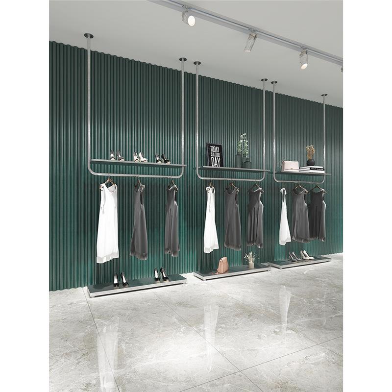 服装店展示架上墙壁挂式吊挂杆不锈钢银色女装店挂衣服陈列货架子