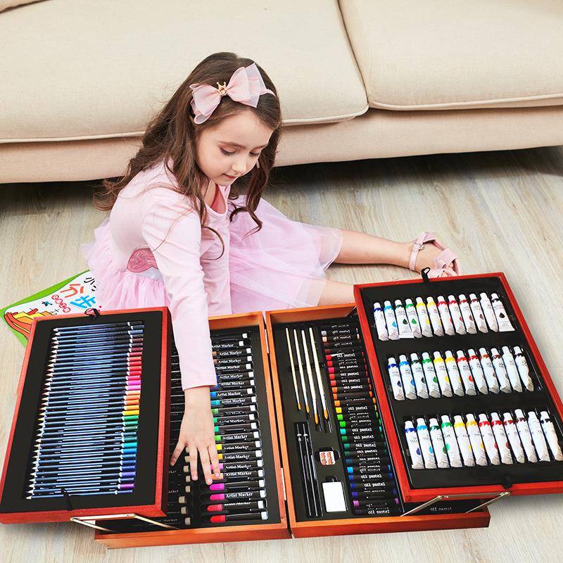 彩印LOGO绘画套装画笔蜡笔儿童木盒颜料画画彩笔套装水彩笔套装