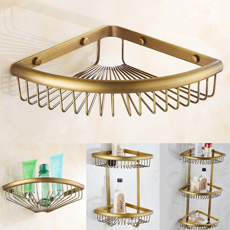 欧式卫生间浴室全铜仿古单层转角架双层网篮三角篮加高铜篮置物架