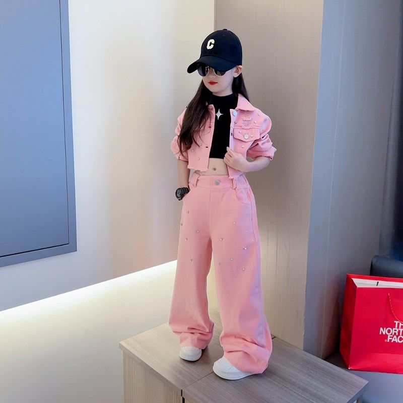 女童春装网红钉钻牛仔套装2025新款女孩韩版时尚儿童阔腿裤两件套,童装/婴儿装/亲子装,套装,淘宝优惠券,粉丝福利购,淘宝优惠卷