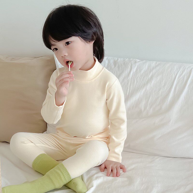 半高领儿童秋衣秋裤秋冬纯棉厚男童女童保暖内衣套装宝宝纯色睡衣