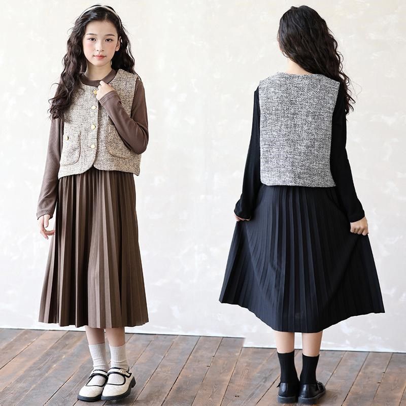 韩版女童秋冬款复古马甲大童高级感打底连衣裙中长款百褶裙两件套