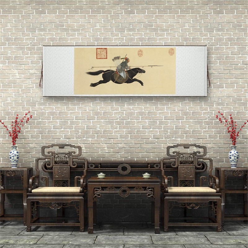 郎世宁《阿玉锡持j矛荡寇图》客厅书房茶室装饰挂画高清横卷轴字