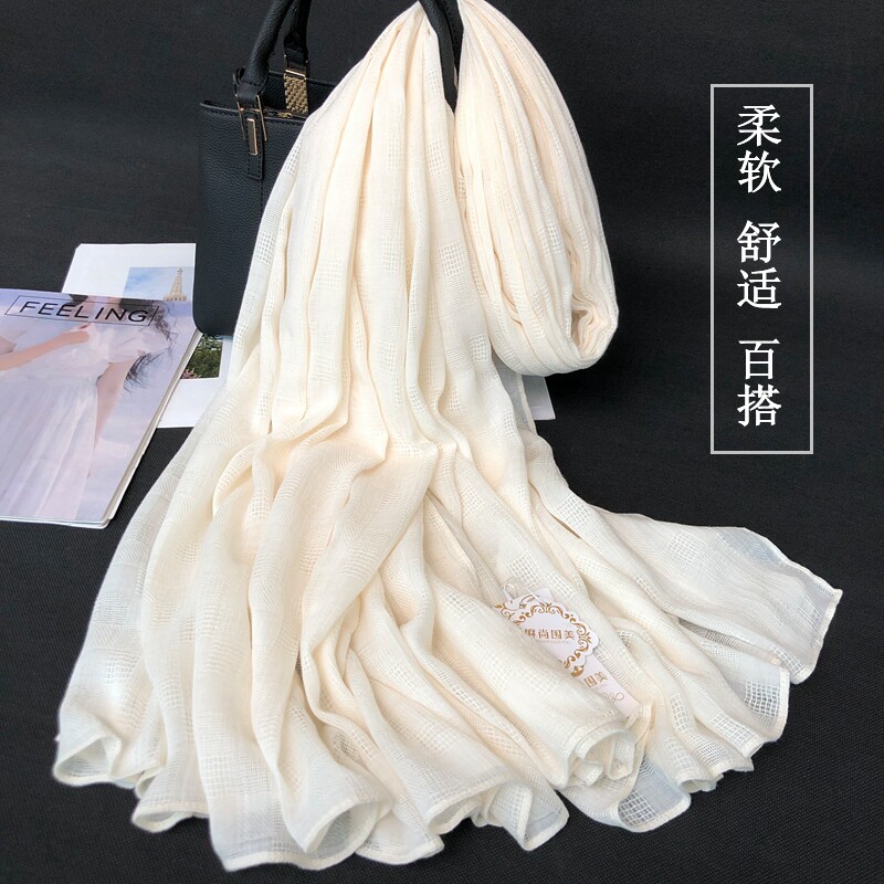 2021秋冬新款棉麻围巾女镂空网格米色韩版纯色加厚百搭超长款丝巾