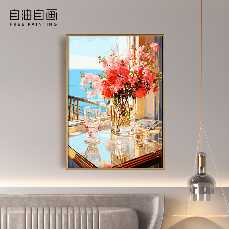 自油自画 数字油画diy手绘手工填充填色减压花卉油彩装饰画 朱槿
