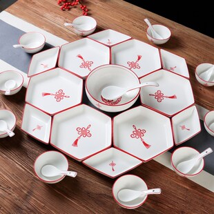 红色喜庆中国结过年家用盘子陶瓷拼盘组合套装网红团圆长方桌餐具